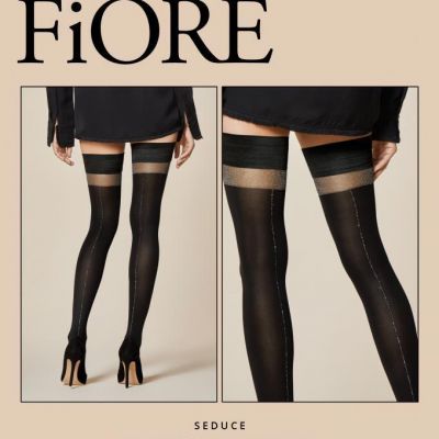 FIORE SEDUCE GLITTER BAND & BACKSEAM THIGH HIGH GARTER STOCKINGS   BLACK